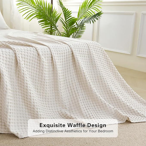 Aganear Waffle Blanket - Lightweight Breathable Summer Blanket of 50% Cotton and 50% Rayon Derived from Bamboo for Hot Sleepers Luxury Throws for Bed, Couch and Sofa,Beige,66x90 Inches