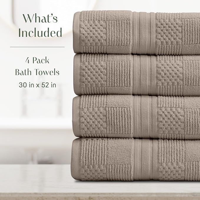 Springtree Home 100% Cotton Bath Towel Set of 4 | Brown Bath Towels | Geometric Textured Design | Absorbent & Quick-Dry | 4 Bath Towels | Oeko-TEX® Standard 100 Cotton | Myla Collection - Cobblestone