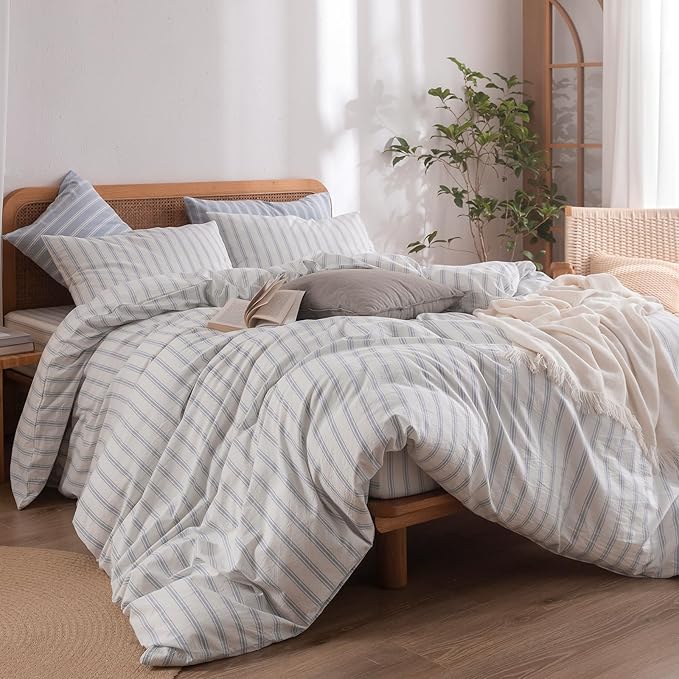 BESTOUCH Duvet Cover Set 100% Washed Cotton Linen Feel Super Soft Comfortable Chic Lightweight 3 PCs Home Bedding Set White & Cornflower Blue Stripes Queen
