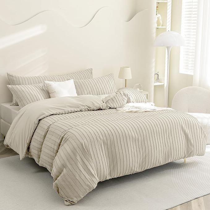 JELLYMONI Duvet Cover Full Size Light Khaki - 3PCS Boho Striped Duvet Cover Set Polyester Tufted Bohemian Textured Comforter Cover with Corner Ties & Zipper Closure