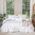 MooMee Bedding Duvet Cover Set 100% Washed Cotton Linen Like Textured Breathable Durable Soft Comfy (Solid Bright White, Full 80"x90")