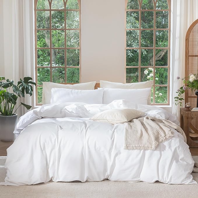 MooMee Bedding Duvet Cover Set 100% Washed Cotton Linen Like Textured Breathable Durable Soft Comfy (Solid Bright White, Full 80"x90")