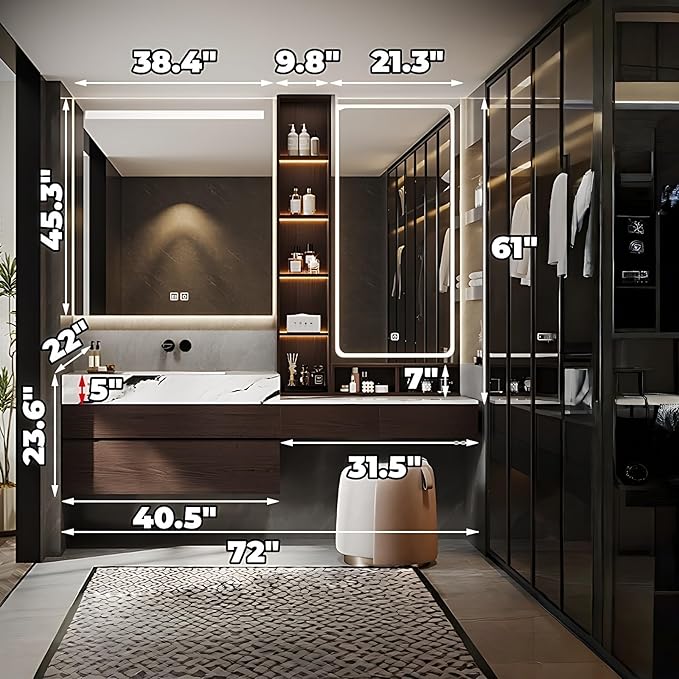 Bathroom Vanity with Sink - Luxury Bathroom Sink Cabinet, Floating Vanity with Smart Defogging Mirror & Storage Drawer, Multi-Layer Solid Wood Panel - Complete Accessories (72")