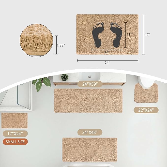 Beige Bathroom Runner Rug 24x70 Non Slip Fluffy Long Bath Mat for Bathroom Floor Washable Plush Luxury Large Bath Rug for Tub Absorbent Runner Rug for Bedside