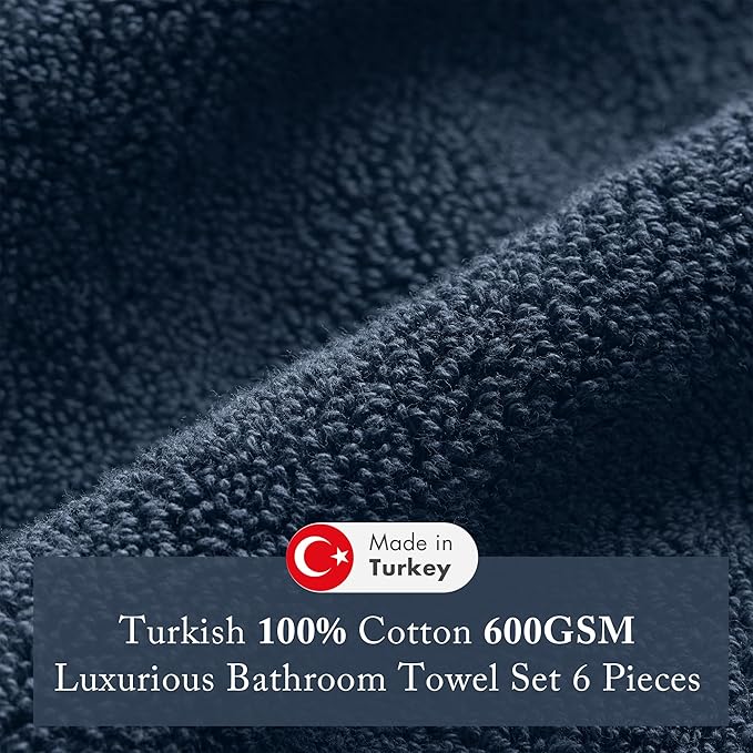 Madison Park Turkish 100% Cotton Towel Set, 600Gsm Luxury Premium Weight, Soft Absorbent Hotel Bathroom Shower Hand Face Washcloths, Assorted Sizes Navy 6 Piece