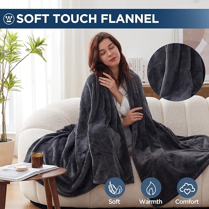 Westinghouse Electric Blanket Heated Throw, Super Cozy Soft Flannel 50"" x 60"" Heated Throw with 6 Fast Heating Levels & 2-10 Auto-Off, Machine Washable, ETL&FCC Certification, Home Office Use, Grey
