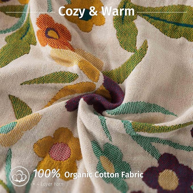 Qidordour Boho Throw Blanket, 60"x80" Muslin Blankets, 100% Organic Cotton Blanket for Couch Sofa, Lightweight Quilt, All Season Bed Throw, Farmhouse Home Decor, C-Phoenix Floral