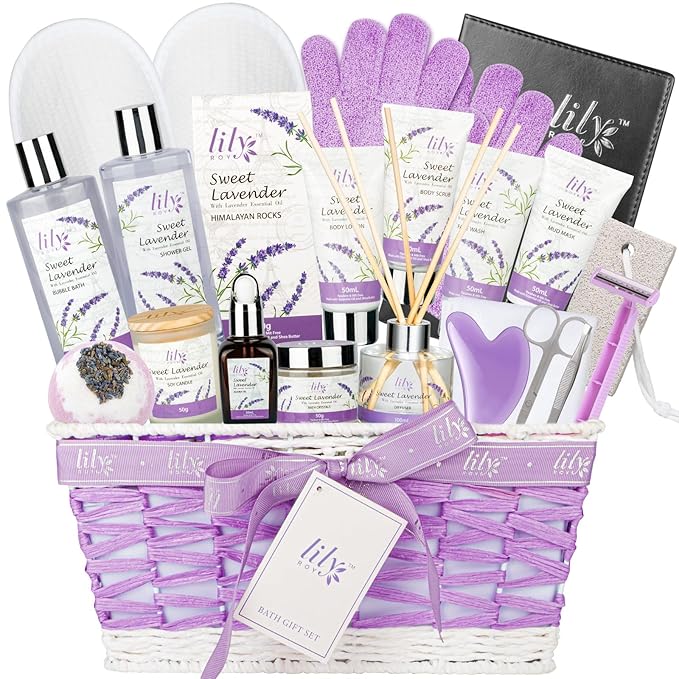 Lavender Spa Gift Set for Women - 22 Piece Luxury Bath & Body Basket with Bath Bomb, Lotion & Shower Gel | Birthday Gifts, Mothers Day Gifts, Christmas Gifts