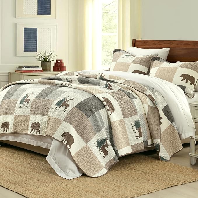 Uniclinens Plaid Quilt Set Queen Size, 100% Cotton Patchwork Quilts, Brown Farmhouse Lightweight Quilted Comforter, Soft Rustic Bedspread, 3 Pieces Set with 2 Pillowshams, Beige/Brown/Gray