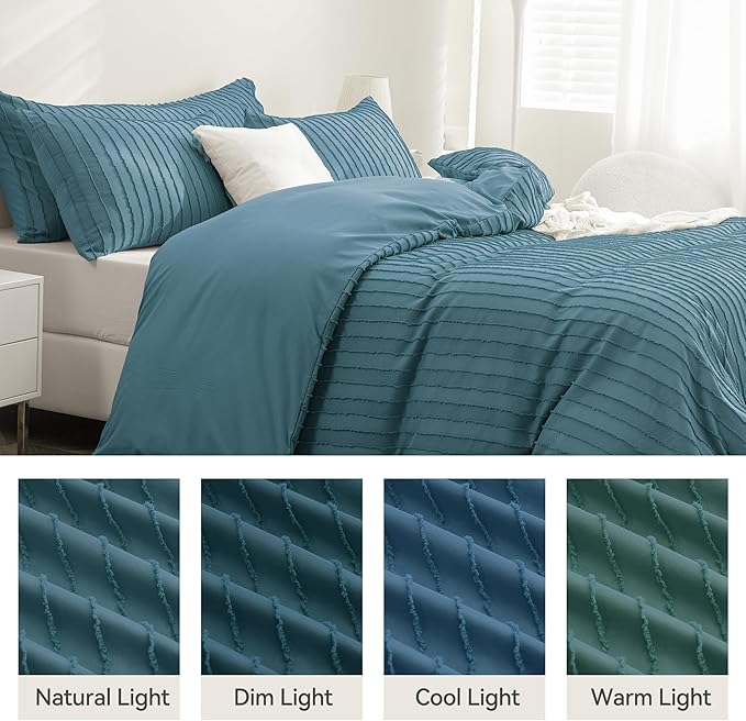 JELLYMONI Duvet Cover King Size Grayish Blue - 3PCS Boho Striped Duvet Cover Set Polyester Tufted Bohemian Textured Comforter Cover 104×90in with Corner Ties & Zipper and 2 Pillowcases