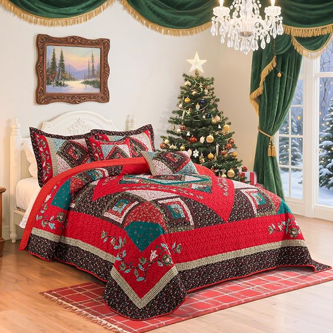 BEDIFANY Christmas Queen Size Quilt Set - Cotton Bedspreads Queen for Bed - Lightweight Farmhouse Queen Quilt Bedding Sets for All Seasons, 3 Pieces