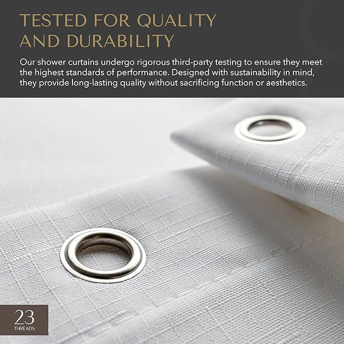 23 THREADS Fabric Shower Curtain for Bathroom, Water Resistant, Made from Sustainable Yarns, White, Textured Weave