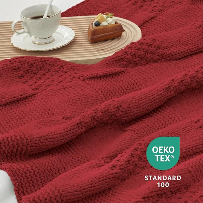 Amélie Home Checkered Chenille Knit Throw Blanket for Couch, Classic Texture Decorative Soft Blanket for Sofa, Chair & Bedroom, 50"x60", Red