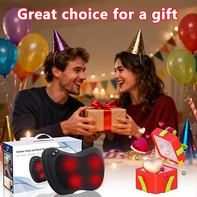 Shiatsu Neck and Back Massager with Heat - Deep Tissue Massage Pillow for Neck, Back & Shoulders Pain Relief, Portable Ergonomic Design Electric Massager for Home, Car, Office Use, Black