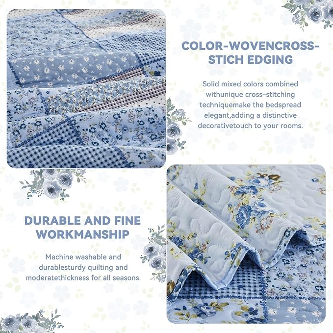 ENJOHOS Extra Wide Alaska King Quilts 132x120, 3 Pcs Blue Plaid Floral Oversized King Quilt, Extra Wide Bedspread Coverlet Set for All Seasons, Patchwork Reversible Bedding Set