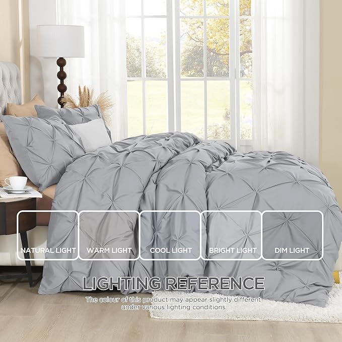 Litanika Silver Grey King Pinch Pleat Duvet Cover, 3 Pieces Pintuck Cover Soft Microfiber Bedding Set with Zipper Closure & Corner Ties(104x90Inch-1 Duvet Cover, 2 Pillowcases)