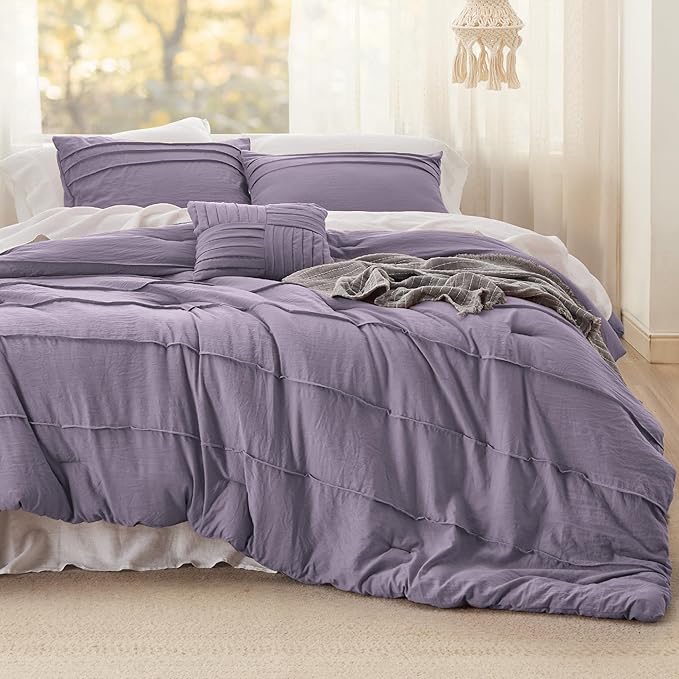 Bedsure Queen Comforter Set - 4 Pieces Pinch Pleat Bed Set, Purple Boho Bedding for All Season, 1 Soft Comforter, 2 Pillowcases, 1 Decorative Pillow