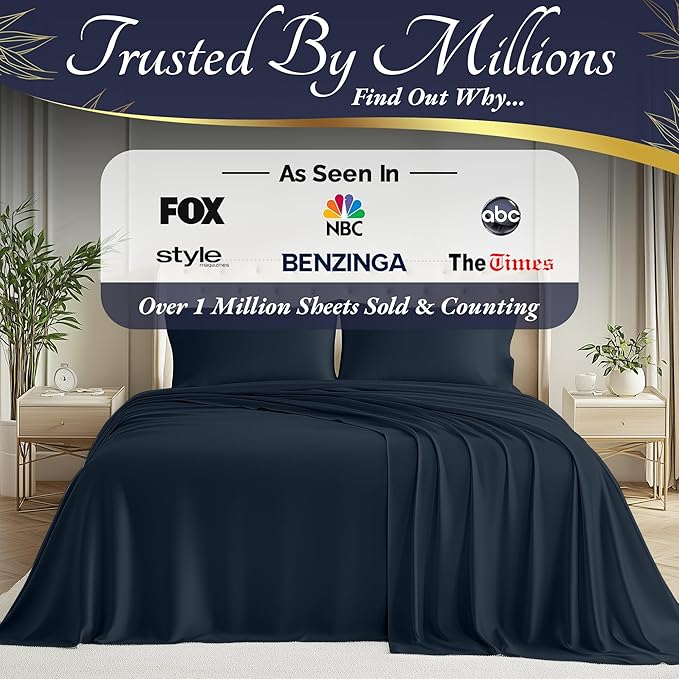 DECOLURE 100% Viscose Derived from Bamboo Sheets Full Size 4pcs - Ultra Soft & Luxuriously Cooling, 17" Deep Pocket, Double Stitching, Perfect for Hot Sleepers - Full Bed Sheets (Navy Blue)