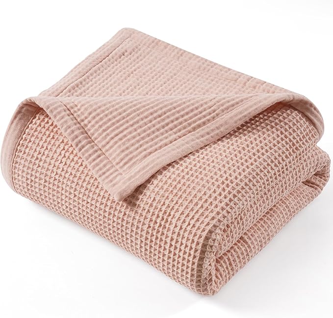 PHF 100% Cotton Waffle & Muslin Blanket King Size, Soft Breathable Luxury 400GSM Versatile Reversible Bedding for Bed, Great for Layering in Cold Weather, Home Decor Gift, 104" x 90", Rose Smoke