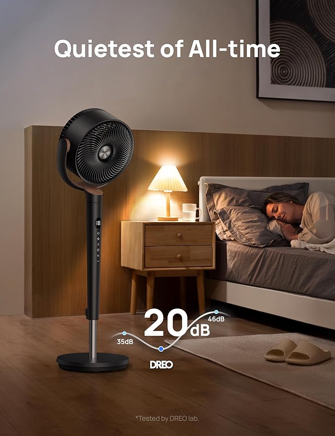 Dreo Fan for Bedroom, 120° Oscillating Standing Fan, Quiet Floor Fan with DC Motor, Pedestal Fan for Room, 9 Speeds, 4 modes, 20dB, 120° Manual Vertical, 37-42" Adjustable Height, 9H Timer, Black