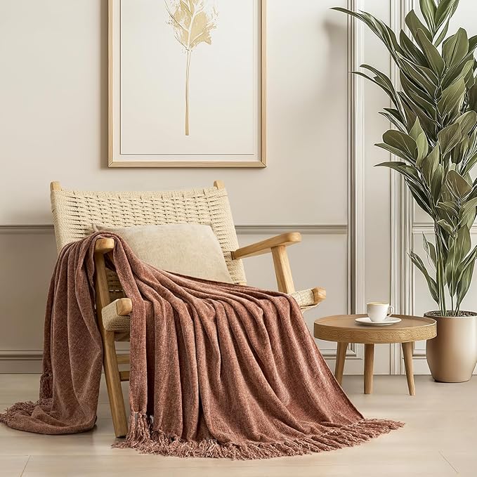 EVERGRACE Soft Chenille Throw Blanket for Couch, Cozy Plush Fuzzy Decorative Chenille Knit Throw Blanket with Tassels, Lightweight Blanket and Throws for Bed Sofa Gift Home Decor, Clay 50"x60"