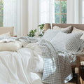 MooMee Gingham Sheet Set 100% Washed Cotton Linen Like Textured Breathable Soft w/Fully Elasticized 16-19" Deep Pocket (Classic Gingham Northern Droplet Grey, Queen)