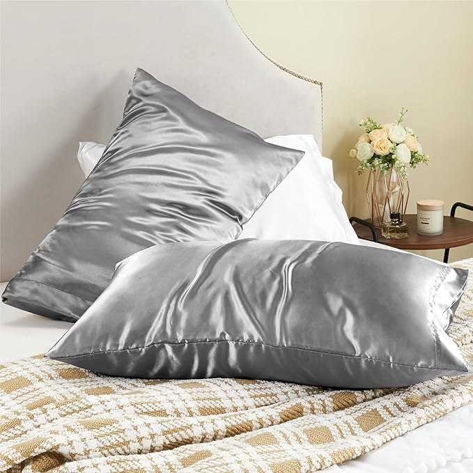 BEDELITE Satin Pillowcase for Hair and Skin, Super Soft and Cooling Similar to Silk Pillow Cases 2 Pack with Envelope Closure, Gift for Women Men(20"x26" Standard Size, Grey)