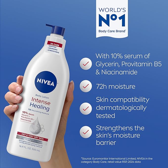 NIVEA Intense Healing Body Lotion for Very Dry, Itchy Skin with Glycerin, Provitamin B5 and Niacinamide, 72-Hour Body Moisturizer, 16.9 Fl Oz Pump Bottle