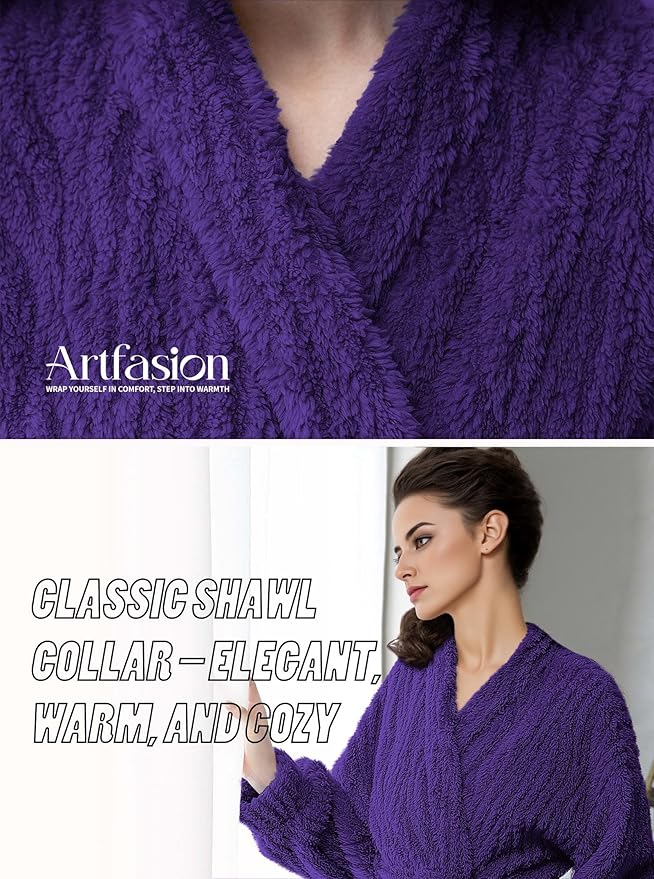 Artfasion Womens Long Fleece Robe - Warm Soft Floor Length Flannel Bathrobes for Winter Thicker Long House Coat with Pockets
