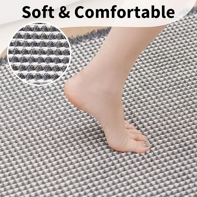 Waffle Runner Bath Mat - Long Boho Bathroom Rugs Non Slip Washable, Super Absorbent & Quick Dry, Soft Bath Mat Farmhouse Bathroom Decor, 24'' x 72'', Dark Grey and White