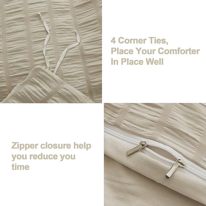 AveLom Beige Seersucker Duvet Cover Set King Size (104 x 90 inches), 3 Pieces (1 Duvet Cover + 2 Pillow Cases), Ultra Soft Washed Microfiber, Textured Duvet Cover with Zipper Closure, Corner Ties