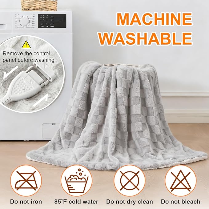 Electric Heated Blanket Queen Size Dual Control - Jacquard Checkered Sherpa 84"x90" Fast Heating Bed Blankets with 6 Heating Levels & 10 Hours Auto Off, Over-Heat Protection ETL, Light Gray