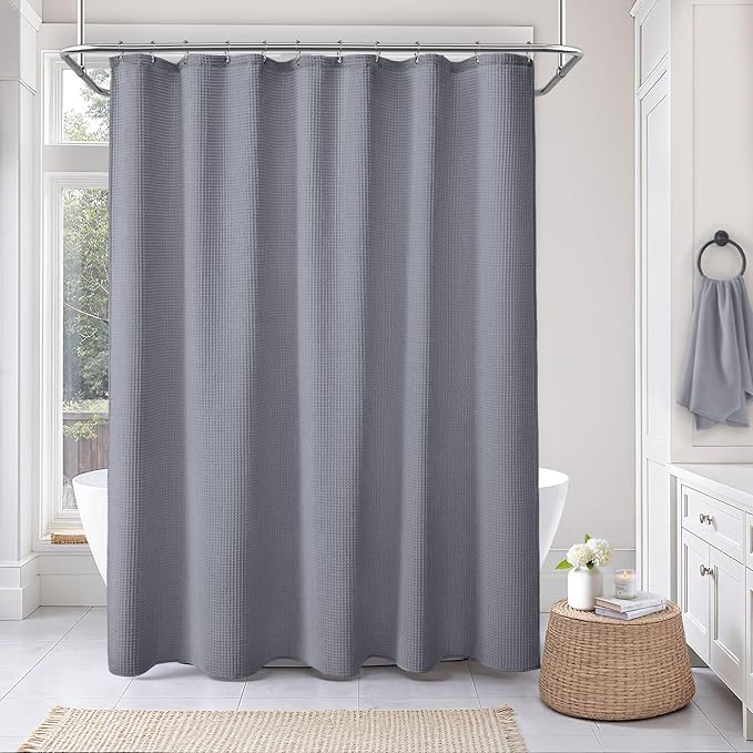 Waffle Weave Shower Curtain - Grey Cotton Fabric Texture Heavyweight Shower Curtain for Bathroom,Washable,72Wx75L