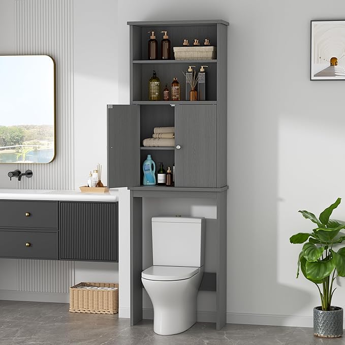 Walsunny Over The Toilet Storage Cabinet, Bathroom Organizer with Open Shelves and Double Doors, Space Saving Toilet Storage, Gray