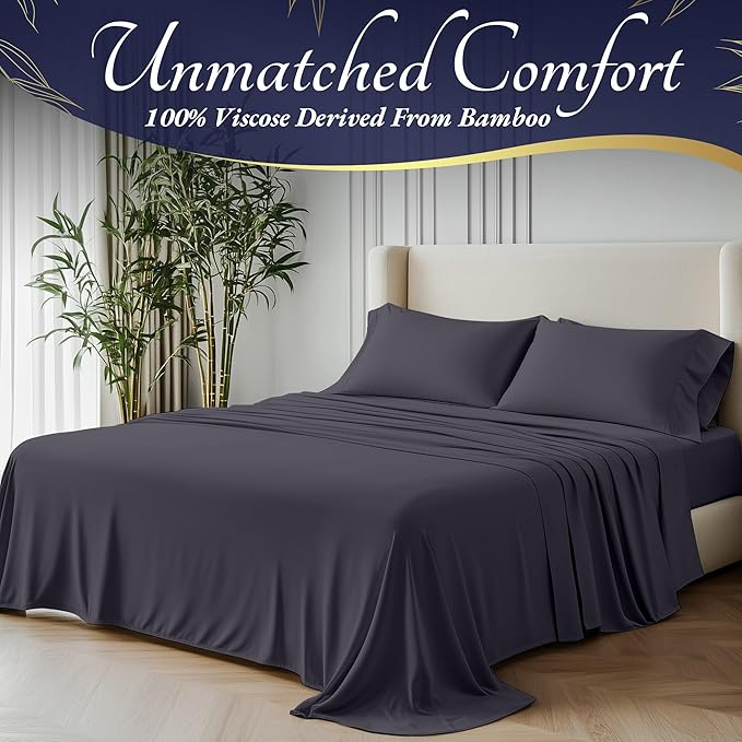 DECOLURE 100% Viscose Derived from Bamboo Sheets Cal King Size 4pcs - Ultra Soft & Luxuriously Cooling, 17" Deep Pocket, Double Stitching, Perfect for Hot Sleepers - King Bed Sheets (Grey)