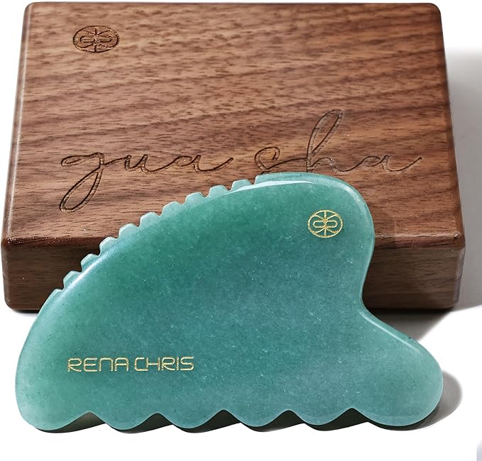 Rena Chris Gua Sha Facial Tool, Natural Jade Stone Body Gua sha with Exquisite Wooden Box, Large Guasha Suitable for Face Lifting, Puffiness Reducing and Whole-Body Massage, Skin Care Massager