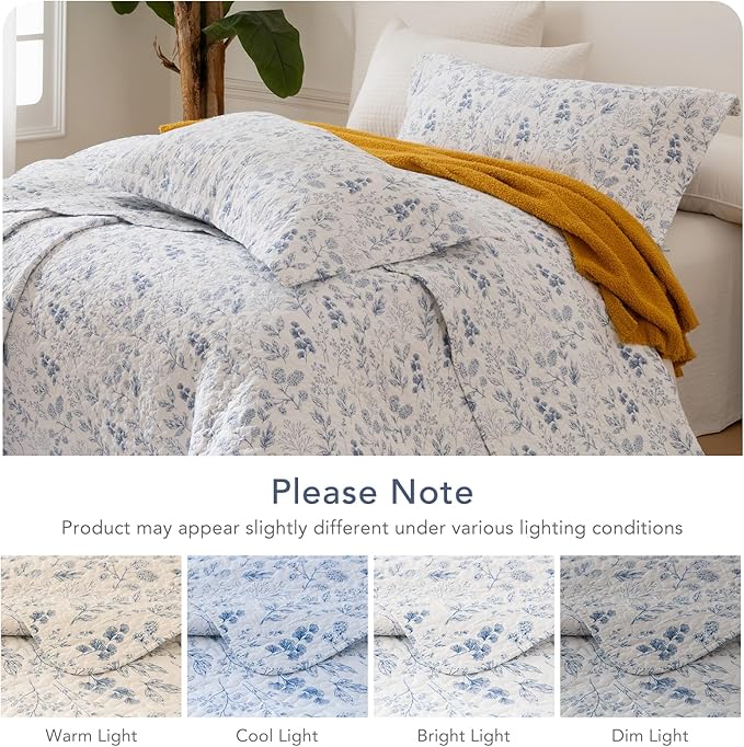 Lady Ann Cotton Quilt Sets King Size - Blue and White Floral & Leaves Pattern Botanical Printed Quilted Bedding, 3 Pcs Lightweight Soft Bedspread Sets King Coverlet for All Season