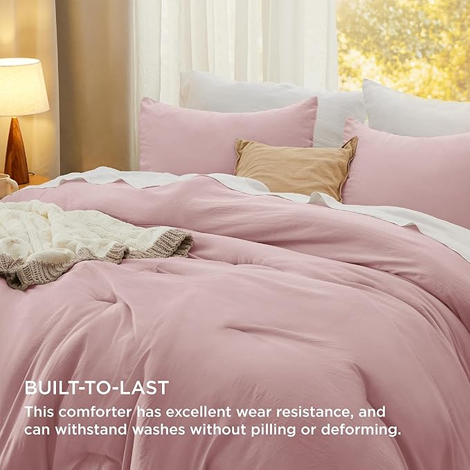 Bedsure Queen Size Comforter Set, Pink Soft Prewashed Bedding for All Seasons, 3 Pieces GentleSoft™ Warm Down Alternative Bed Set, 1 Lightweight Comforter (90"x90") and 2 Pillowcases (20"x26")