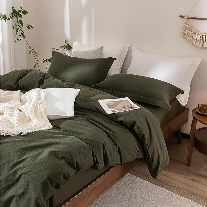 Linen Feel Duvet Cover Super King Size 108inch x 98inch,100% Washed Cotton Duvet Cover with Zipper Closure and 2 Pillowcases, Color of Olive Green