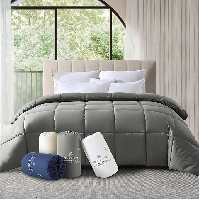 Farm to Home Down Alternative Comforter King Size Organic Cotton Duvet Insert Hotel Collection Hypoallergenic Comforter Machine Washable Comforter 108 x 98 for All Season, Gray