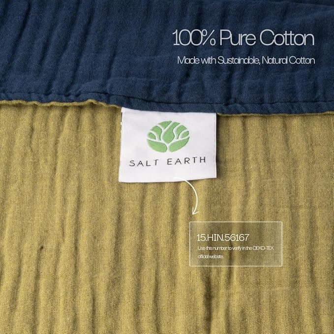 Salt Earth 100% Cotton Muslin Blanket, Gauze Blanket 50"X60" Throw with Tassel 6 Layered, Couch, Bed, Living Room, Home,Lightweight & All Season Blankets & Throws, Skin Friendly (Dress Blue/Mosstone)