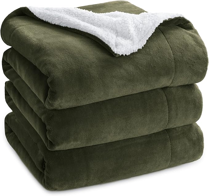 Bedsure GentleSoft Sherpa Fleece Blankets Queen Size for Bed - Thick and Warm Throw for Women and Men, Soft Fuzzy Plush Queen Blanket for Winter, Olive Green, 90x90 Inches