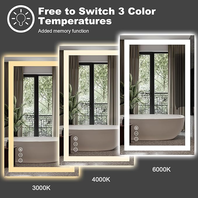 Amorho LED Bathroom Mirror 68"x 36" with Front and Backlight, Stepless Dimmable Vanity Mirrors with Anti-Fog, Shatter-Proof, Memory, 3 Colors, Large Lighted Mirrors for Wall