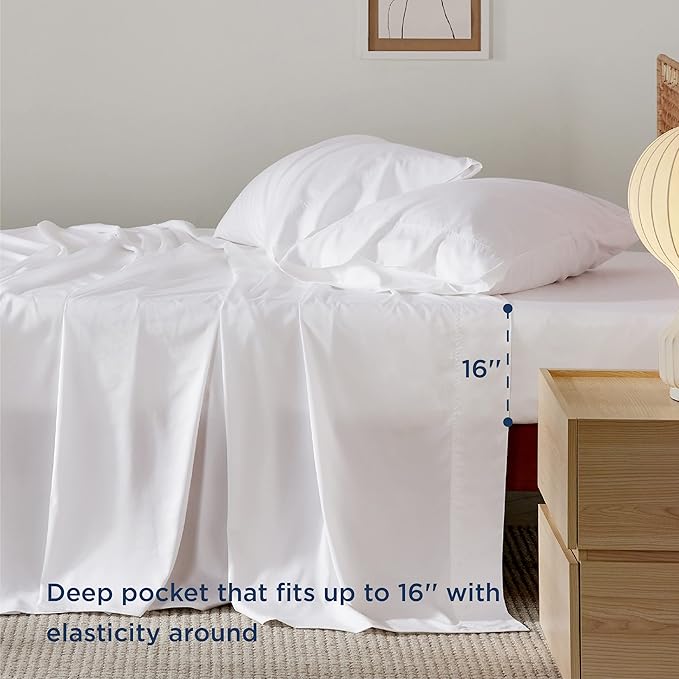 Bedsure California King Sheet Sets, Cooling Sheets, Rayon Derived from Bamboo, Deep Pocket Up to 16", Breathable & Soft Bed Sheets, Hotel Luxury Silky Bedding Sheets & Pillowcases, White