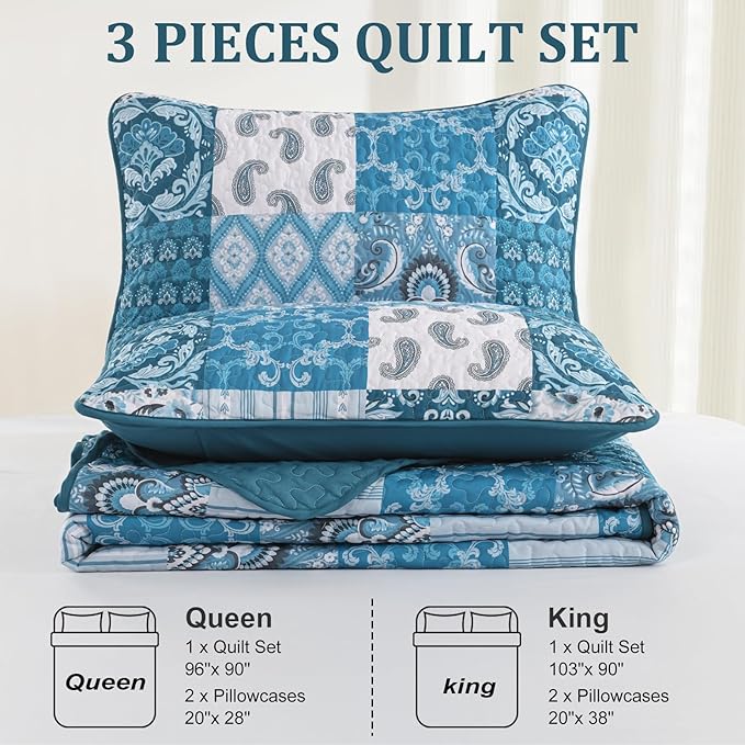 WONGS BEDDING Boho Quilt Set Queen Size,Teal Blue Plaid Patchwork Bedspread Bedding Set Soft Microfiber Quilt for Queen Bed Reversible 3 Pieces Coverlet Set for All Season (96"x90")