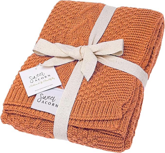 Knit Baby Blanket in Cable Pattern, Organic Cotton Blankets for Crib or Stroller, Receiving Blankets - Sunset Orange