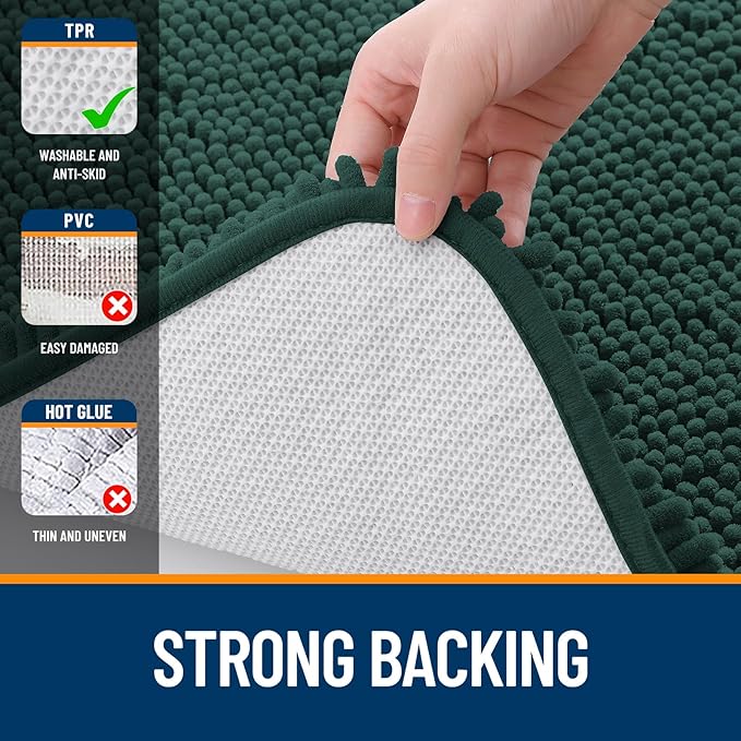 OLANLY Bathroom Rugs 47x20, Extra Soft Absorbent Chenille Bath Rugs, Rubber Backing Quick Dry, Machine Washable Bath Mats for Bathroom Floor, Tub and Shower, Home Decor Accessories, Blackish Green