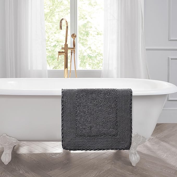 Laura Ashley Ruffle Border 100% Cotton Bath Rug Set, Dark Gray, 17" x 24"/ 20" x 32"