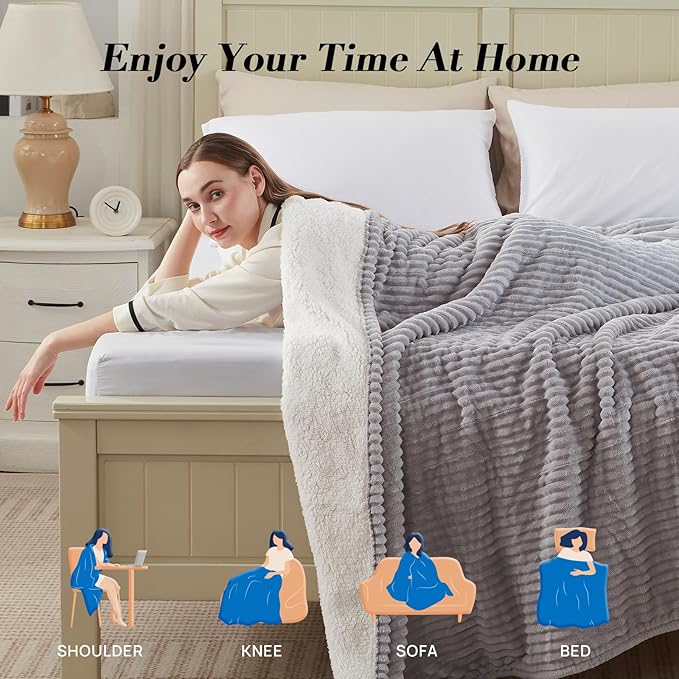 Westinghouse Electric Blanket Twin, Soft Ribbed Flannel to Sherpa Heated Blanket with 10 Heating Levels & 1-12 Hours Auto Shut Off, Fast Heating & Machine Washable, 62x84 Inch, Light Grey