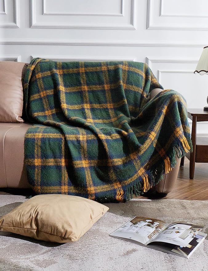 ZonLi Green Plaid Throw Blanket for Couch, Checkered Throw Blanket for Home Decor, Soft Lightweight Cozy All Season Decorative Vintage Blankets with Tassel for Bed and Sofa, 50'' x 60''